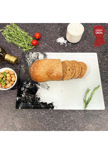 Kanallı Cam Kesme Tahtası - Black Wave - 25x35cm