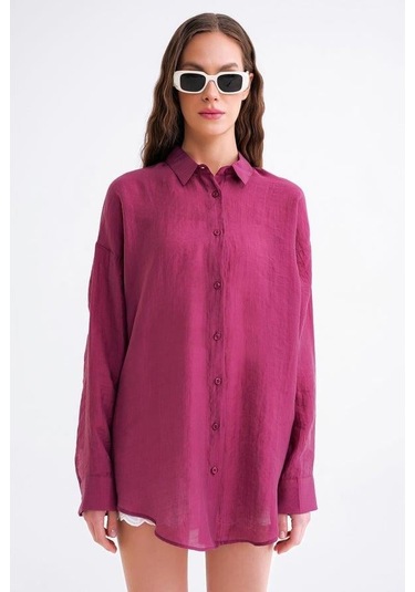 4667 Kadın İnce Oversize Modal Gömlek Bordo Bordo