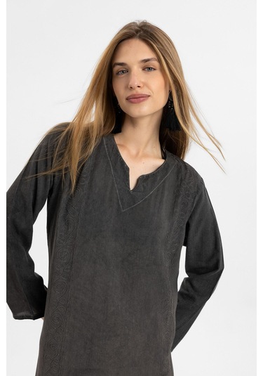 Siyah İşlemeli Uzun Kollu Astarsız Pamuklu Uzun Elbise-siyah Siyah