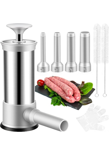 Neevoyu Ev İçi Çelik Sosis Dolabı - 4 Farklı Uç, Eldiven, İp Ve Fırça Seti İle 2.2 Lb Kapasiteli El İşlemli Sosis Yapım Aleti Diğer