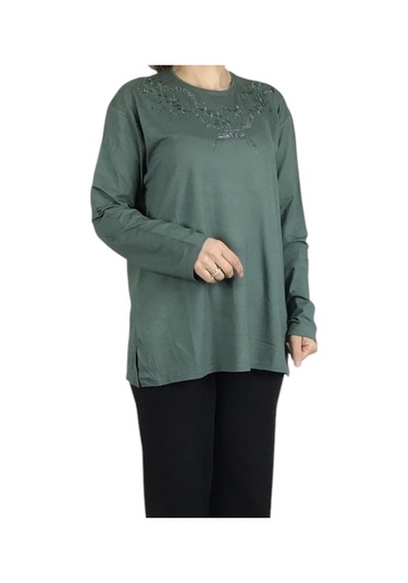 Kadın Yakası Taşlı Likralı Büyük Beden Bluz Arpbattal1 Mint Yeşili