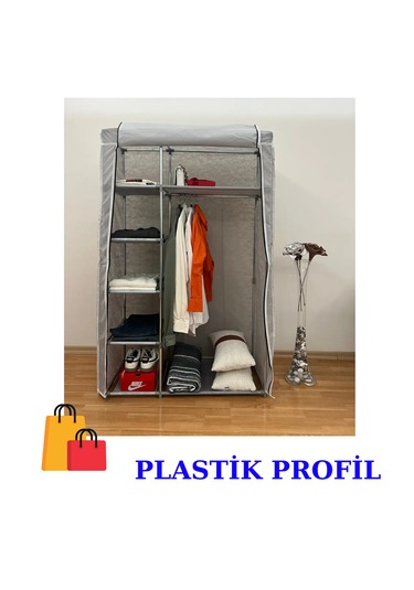 Beyazpazar Bez Dolap Plastik Profil Fermuarlı Yeni Gardırop Gri
