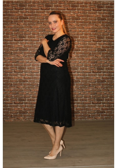 Nidya Moda Büyük Beden Sıfır Yaka Dantel Elbise-4036S Çok Renkli