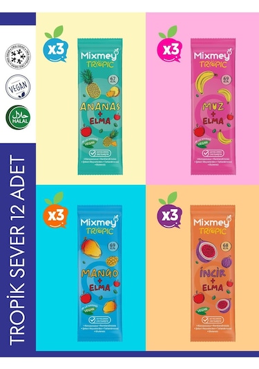 Mixmey Tropik Sever Meyve Barı 12 Adet | Sağlıklı Atıştırmalıklar – Vegan, Glutensiz (20GR X 12 ADET)