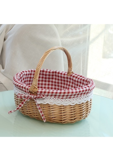 Cbtx Saplı Hasır Piknik Sepeti Söğüt El Dokuma Paskalya Sepeti Oyuncak Saklama, Boyut: L - Kırmızı Izgara