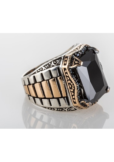 Gümüş Saat Kordon Model Siyah Zirkon Taşlı Erkek Yüzük