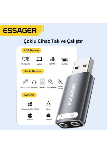 Essager 2in1 Usb To 2x 3.5mm Aux Çevirici Adaptör, Kulaklık Ve Mikforon Çevirici, Harici Ses Kartı