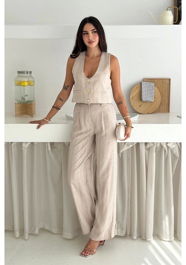 Çizgili Kumaş Yelek Takım Krem Krem