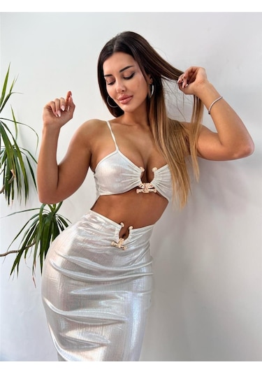 Pink Life Beyaz Pu Faux Lame Tokalı Elbise-Beyaz