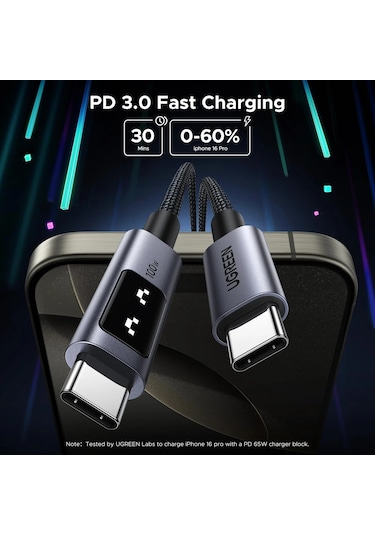 Ugreen Uno Usb-c 100w 5a Qc Pd Örgülü Hızlı Şarj Kablosu, 1 Metre, Siyah, 35501