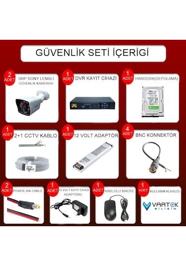 2 Kameralı 500 Gb Hdd 5mp Lensli 1080p Fullhd Kamera Seti - Su Gecirmez- Sabit İp Gerektirmez