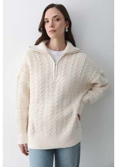 Krem Saç Örgülü Fermuarlı Kazak - 251066 Krem