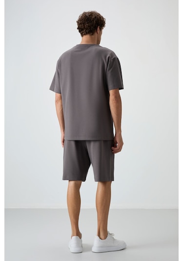 Tommy Life Koyu Gri Pamuklu Kalın Yumuşak Dokulu Oversize Fit Basic Erkek Şort Takım - 85249