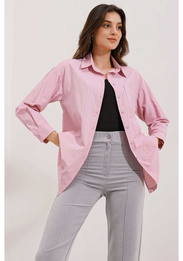 Gabria Tek Cep Arkası Uzun Gömlek Pembe