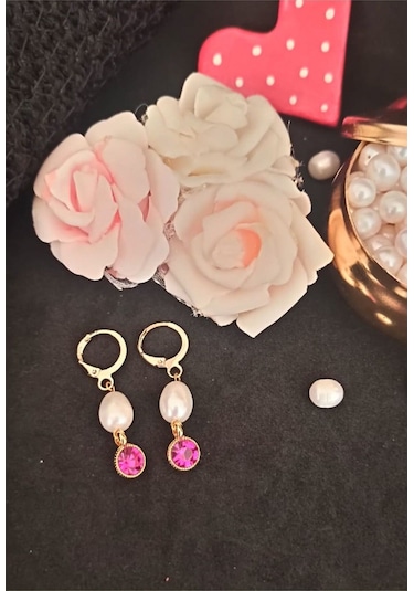 24k Altın Kaplama Gerçek İnci Zirkon Taşlı Pembe Tasarım Küpe Pem Gold