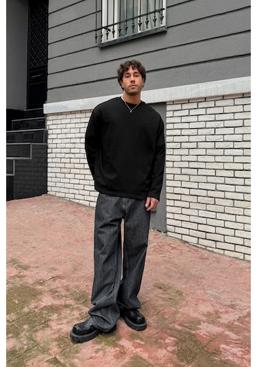 Basic Oversize Uzun Kol Tişört-28718 Siyah