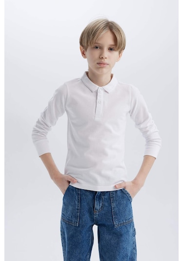 DeFacto Erkek Çocuk Polo Yaka Pike Basic Düz Uzun Kollu Tişört L0288A625SPWT34