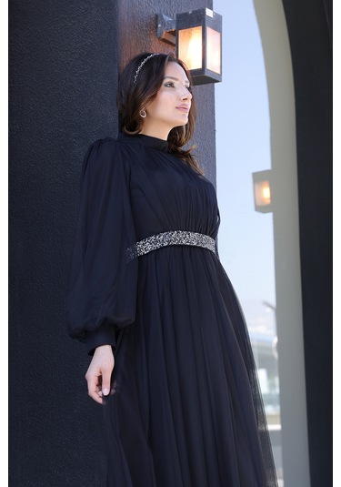 Alia Şık Taş Detaylı Büyük Beden Tesettür Abiye - Alya Siyah
