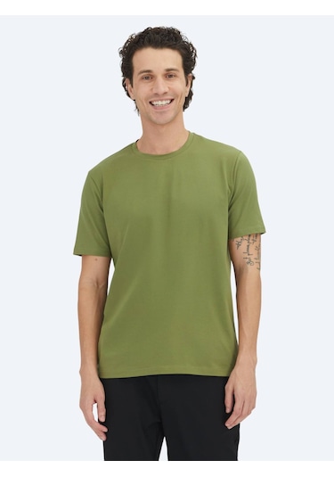 Kip Yeşil Düz Bisiklet Yaka Pamuk Karışımlı T-shirt Yeşil
