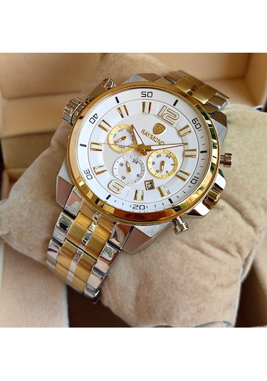 Raymond Gold Beyaz Kadran Çelik Erkek Kol Saati Altın - Gümüş
