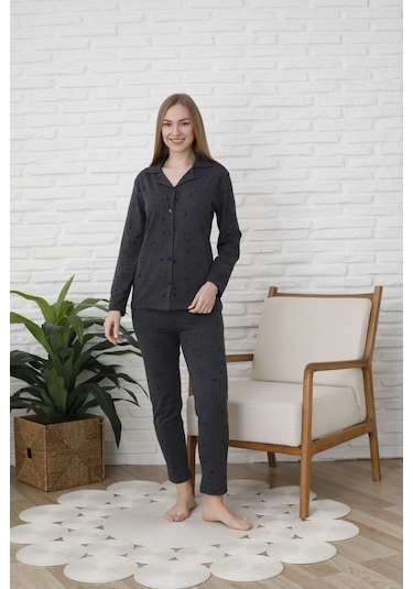 Fames Pijama Uzunkol Düğmeli Penye Pijama Takimi Kalpli Antrasit