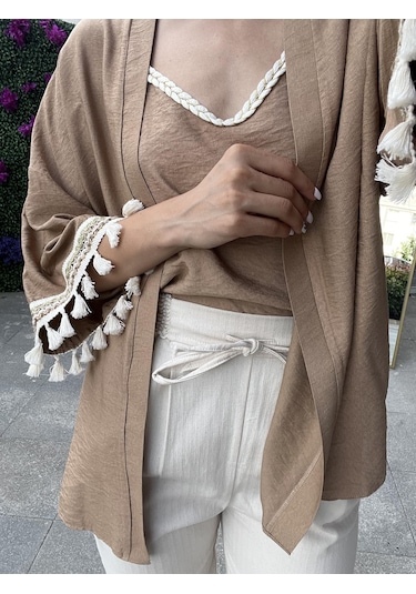 Kol Detaylı Salaş Keten Kimono - Kahverengi-102 Sarı