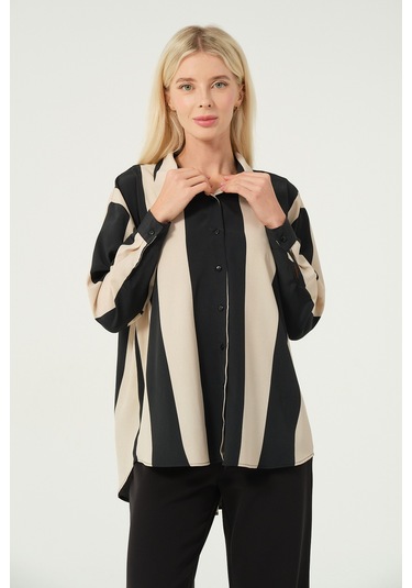 Basic Oversize Çizgili Gömlek Bej Siyah Bej - Siyah
