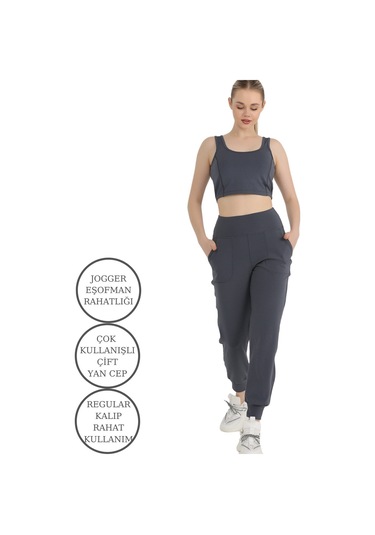 Kadın Curve Eşofman Alt Antrasit Jogger Dalgıç Kumaş Yüksek Bel Çift Cepli Joggers 1061 Antrasit