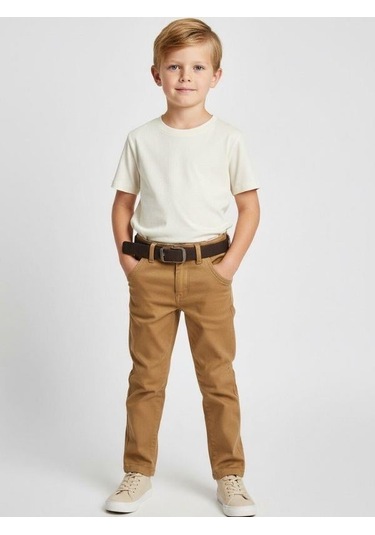 Zekids Erkek Çocuk Kemerli Gabardin Pantolon-16347 Bej