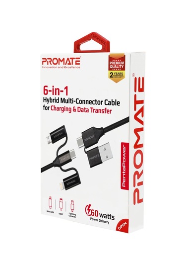 Promate Universal Lightning Type-C Micro-USB Şarj Kablosu Siyah