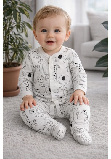 Baby Desenli Çıtçıtlı Tulum Beyaz
