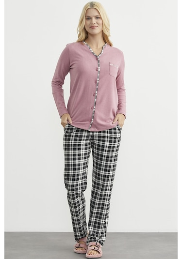 Sementa Ekose Kombinli Düğmeli Pijama Takım - Gül Kurusu Gül Kurusu