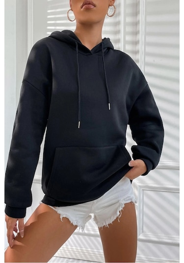 Modagen Kadın Siyah Love Baskılı Oversıze Kapüşonlu Sweatshırt Siyah