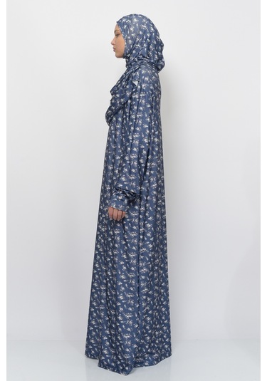 Pratik Tek Parça Çiçek Desenli Kollu Tak Çıkar Başörtülü Likralı Tesettür Namaz Elbisesi 990-0201 Lacivert Antrasit