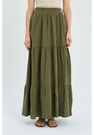 4567 Kadın Fırfırlı Uzun Müslin Etek Haki Haki