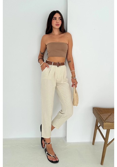 Kemer Detaylı Keten Pantolon Krem Krem