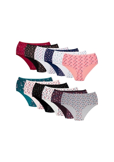 Kadın Desenli Paket Penye Külot 12'li Çok Renkli