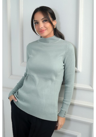 By Saygı Kadın Balıkçı Yaka Basic Fitilli Kolları Düğme Detaylı Kazak-41690 SU YEŞİLİ