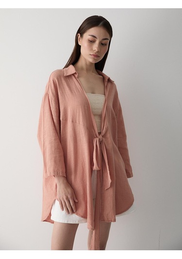 Somon Flam Keten Kimono Gömlek Somon