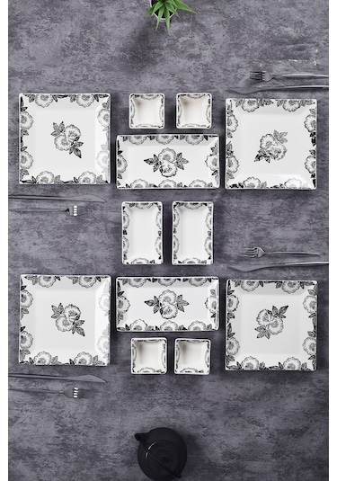 Piatti Naturali 12 Parça 4 Kişilik Black Rose Kahvaltı Takımı Handmade Sunum Set Siyah