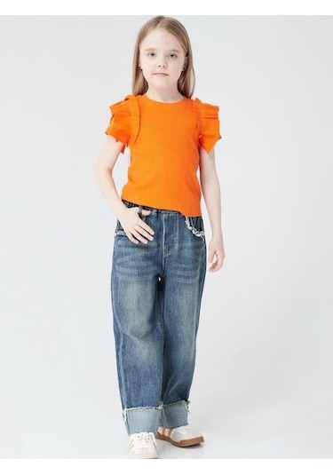 Kız Çocuk Kaşkorse Kolları Fırfırlı Bluz-13810-turuncu Turuncu