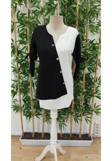 Soonaksesuar Kadın Kısa Kollu Kollardan Bağlamalı Önden Asimetrik Kesim Çift Renk Detaylı Düğmeli Ithal Krep Bluz Siyah