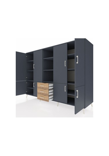 Kronos Dolap 11 Raflı 3 Çekmeceli 8 Kapaklı 220x59x163 Antrasit-a Antrasit-antrasit/çam