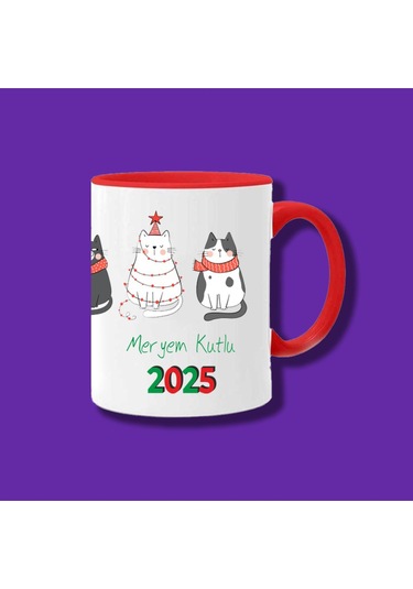 Kişiye Ve İsme Özel Yılbaşı Tasarımlı Kedicik Ve İsim Baskılı Kupa Bardak Beyaz