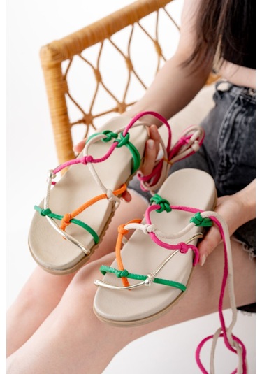 Multi Bilekten Bağcıklı Kadın Sandalet Çok Renkli