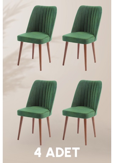 Polo Sandalye - Jerika Yeşil - Ahşap Ceviz Ayak 4 Adet - Salon Sandalyesi / Mutfak Sandalyesi Yeşil