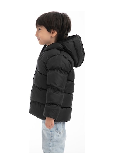 Erkek Çocuk Siyah Içi Polarlı Kapüşonlu Şişme Kışlık Mont Siyah