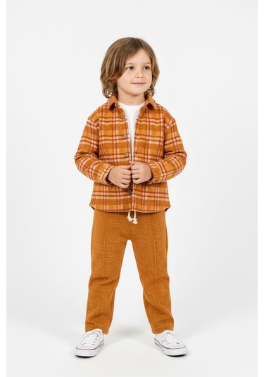 Turuncu Ekoseli Gömlekli 3lü Takım Kiremit