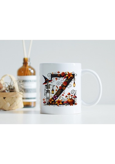 Z Harfi Şapkalı İskelet Figürlü Ve Çiçekli Kupa Bardak - Cadılar Bayramı / Halloween Özel Hediye Beyaz