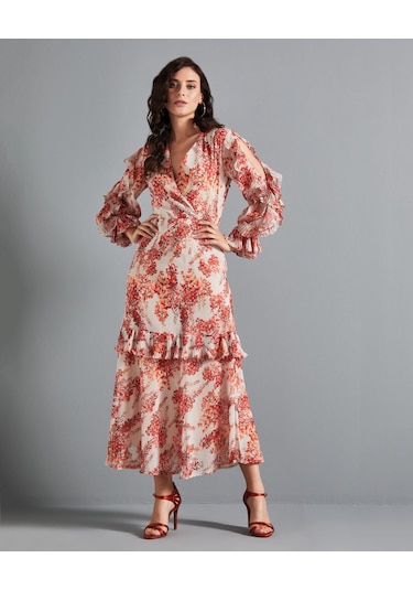 Çiçek Desenli Kadın Elbise - Katlı Etek Detaylı - Fırfırlı Kol - V Yaka - Modern Ve Şık Tasarım - Günlük Ve Özel Gün İçin Elbise Bej